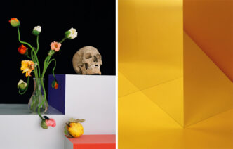 Left: Shirana Shahbazi, [Stilleben-33-2009], 2009, C-print on aluminum, 150 × 120 cm, edition of 5 (+1 artist's proof, AP), courtesy of the artist and Galerie Peter Kilchmann, Zurich, Paris. Right: Shirana Shahbazi, Raum-Gelb-01, 2017, C-print on aluminum, 90 × 70 cm, edition of 5 (+1 artist's proof, AP), courtesy of the artist and Galerie Peter Kilchmann, Zurich, Paris.