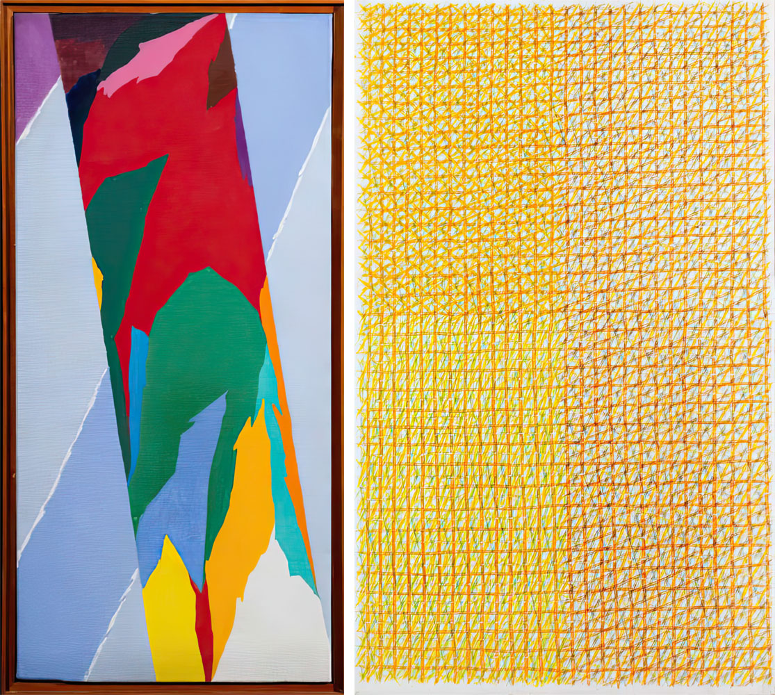Left: Piero Dorazio, Brother III, 1970, oil on canvas, 81,5 x 31,5 cm - 32,08 x 12,4 in Right: Piero Dorazio, Time locker, 1963, oil on canvas, 162 x 97 cm - 63,77 x 38,18 in, reverse: signed, titled and dated Piero Dorazio 1963.8. “Time Locker”; label Galerie Bonnier, Losanna; Galerie Im Erker, St. Gallen; Galleria Marlborough, Roma; stamp Galleria Tega, Milano