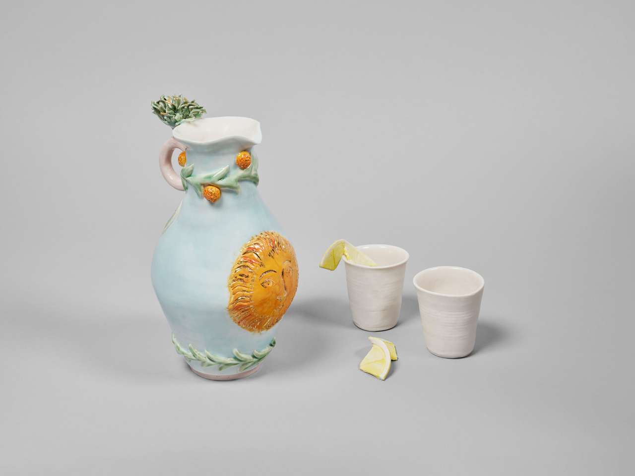 Sonia Boyajian, Pitcher with Dixie Cups & Lemons, 2026, Porcelain with multicolor glaze and silver luster, Overall dimensions variable, © Sonia Boyajian, courtesy the artist and David Zwirner Gallery