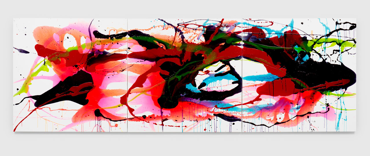 Helen Marden, Pond Dream, 2025. Resin, pigment, leaves, and organic material on canvas, in 3 parts, overall: 50 × 150 inches (127 × 381 cm), © 2026 Helen Marden/Artists Rights Society (ARS), New York. Photo: Maris Hutchinson, Courtesy the artist and Gagosian
