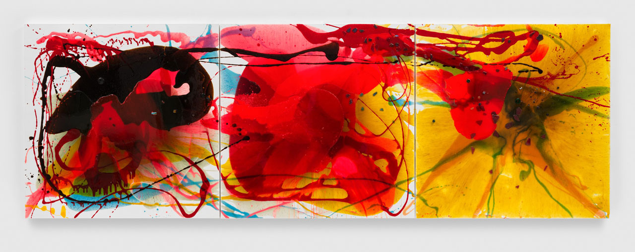 Helen Marden, Sea Curl, 2025. Resin, pigment, glass, and shells on canvas, in 3 parts, overall: 50 × 150 inches (127 × 381 cm), © 2026 Helen Marden/Artists Rights Society (ARS), New York. Photo: Maris Hutchinson, Courtesy the artist and Gagosian