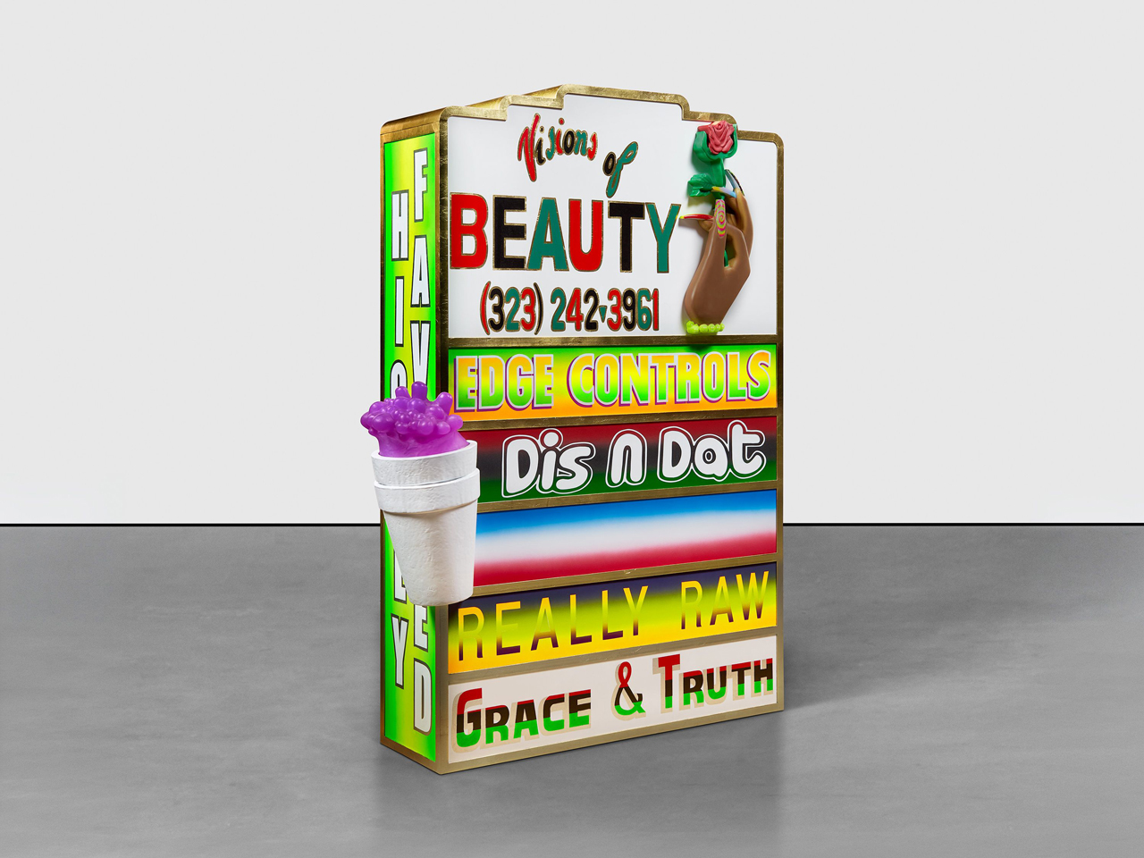 Lauren Halsey, LODA PLAZA III, 2026, Gold leaf and mixed media on steel and hand painted board, 72 x 63 x 25 3/4 inches (182.9 x 160 x 65.4 cm), © Lauren Halsey , courtesy the artist and David Zwirner Gallery