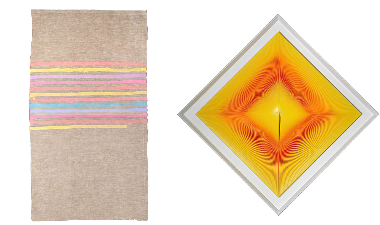 Left: Giorgio Griffa, Linee orizzontali, 1973, acrylic on raw canvas, 104 x 57,5 cm - 40,94 x 22,63 in, reverse: signed, dated and inventory number AGG1973-085 / Giorgio Griffa / 73 Right: Alberto Biasi, Abbagliante come un sole, 2010. PVC strips and acrylic on panel, 127 x 127 cm - 50 x 50 in, reverse: signed, titled and dated ‘Alberto Biasi 2010 Abbagliante come il sole’; label Alberto Biasi reg. no. T 718