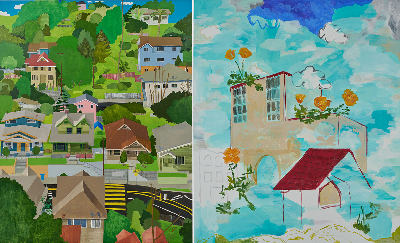 Left: Manuel López, Spring is Here Again (Yaanga), 2026, Acrylic and oil on canvas, 100 x 80 inches (254 x 203.2 cm), Signed and dated verso, © Manuel López, courtesy the artist and David Zwirner Gallery Right: EJ Hill , the dreamhouse but who owns the poppies?, 2026, Acrylic on canvas, 62 x 52 inches (157.5 x 132.1 cm), Signed, titled, and dated verso, © EJ Hill, courtesy the artist and David Zwirner Gallery