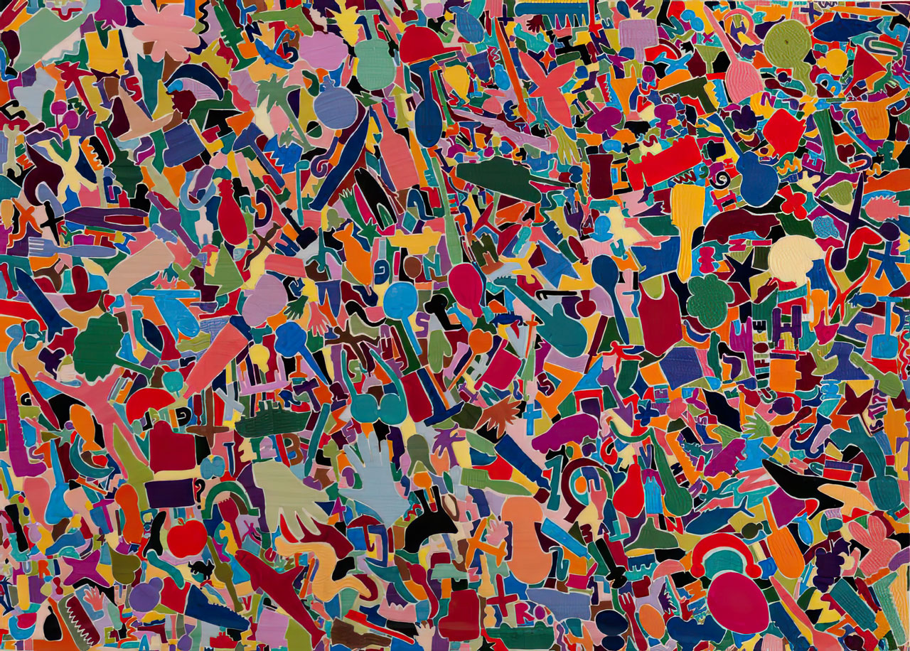 Alighiero Boetti, Tutto, 1988-89embroidery on cloth, 97 x 134,5 cm - 38,18 x 52,95 in, reverse: signed, dated and location on the edge Alighiero e Boetti / Peshawar 88-89