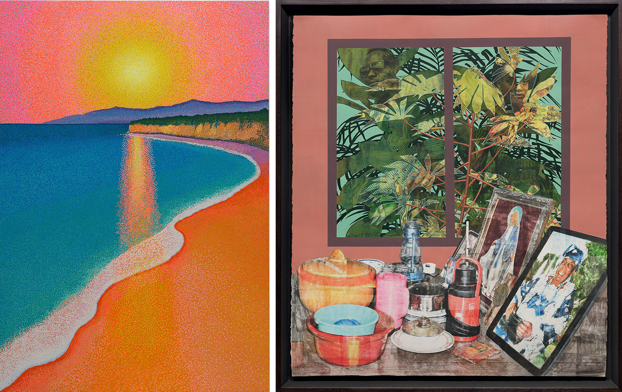 Left: Jennifer Guidi, Entanglement of Light, 2026, Oil and sand on linen, 70 x 48 inches (177.8 x 121.9 cm), Signed and dated verso, © Jennifer Guidi, courtesy the artist and David Zwirner Gallery Right: Njideka Akunyili Crosby, Grandmother's Parlour, 2016, Acrylic, transfers, and colored pencil on paper, 61 x 52 inches (154.9 x 132.1 cm), Framed: 67 7/8 x 58 5/8 inches (172.4 x 148.9 cm), © Njideka Akunyili Crosby, courtesy the artist and David Zwirner Gallery