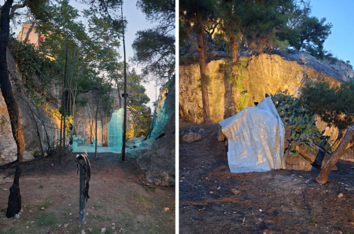 Left: Klajdi Tsano, Liminal Terrain, Installation 6 × 18 m | mixed media: wood, plaster, metal, resin Right: Peggy Kliafa, Blanket of Relief, 2026, Empty aluminum pill blister packs, thin wire, fishing line, Dimensions: approx. 344 × 215 cm