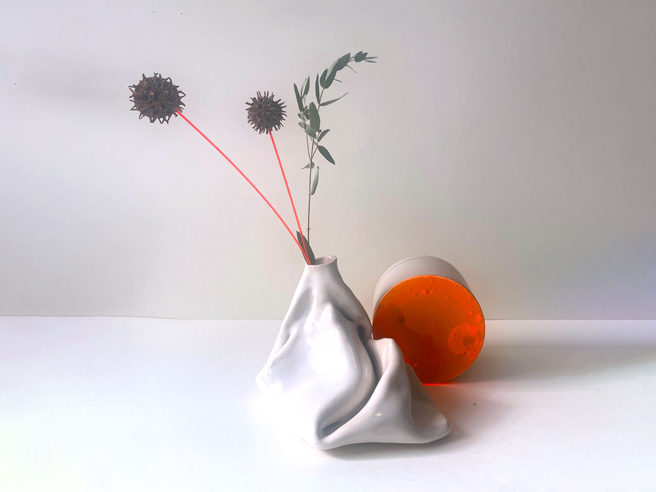 Mari Nagem, Study for bouquet, 2026. A semi-synthetic floral arrangement with ceramic, acrylic, sawtooth oak acorns, driftwood sourced from Marajó Bay in the Brazilian Amazon, “invasive” plant species, plastic. 8 × 8 × 8 inches. Courtesy of the artist and CUE Art