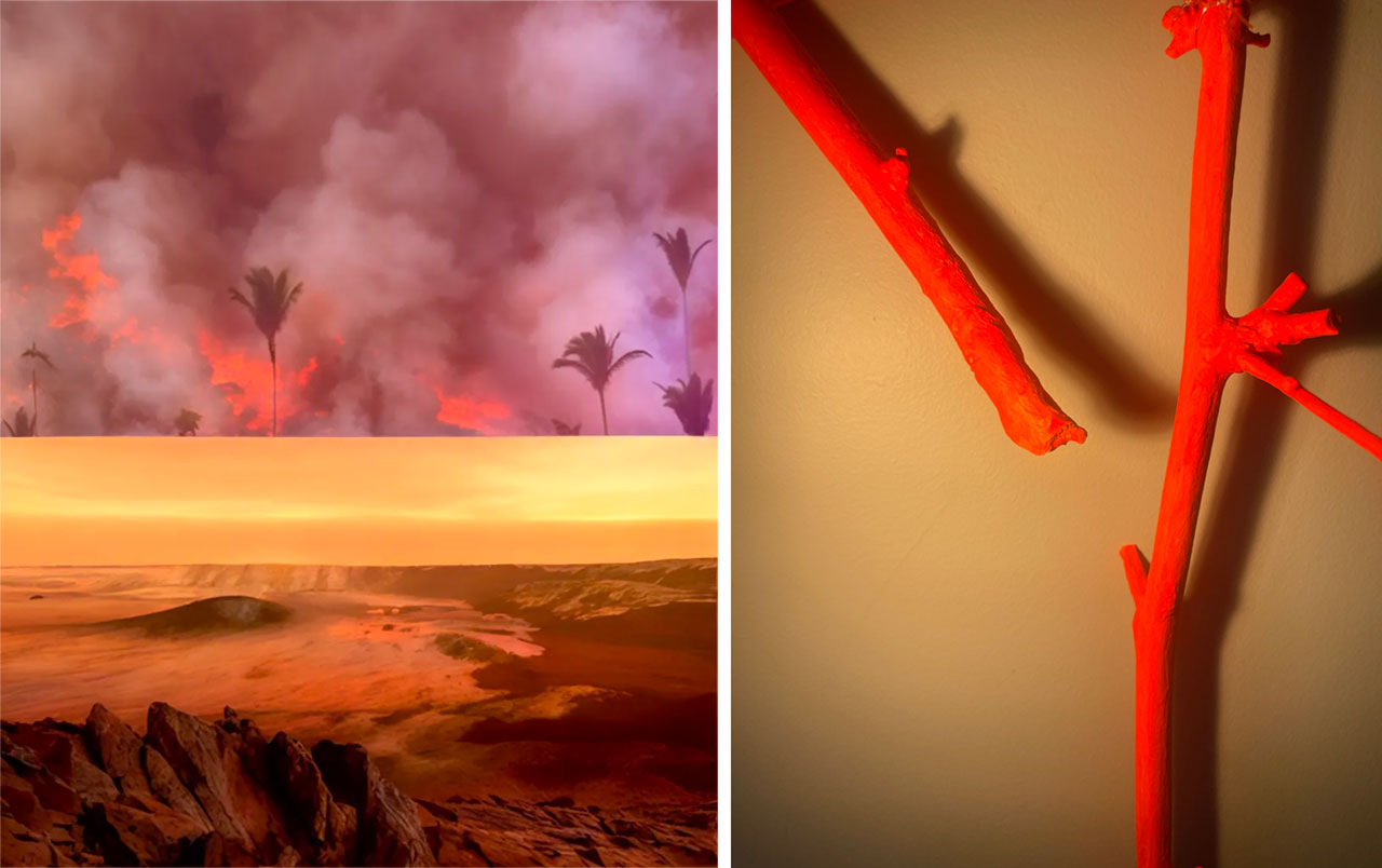 Left: Mari Nagem, Image study for The Tropics, The Moon, and Mars, 2026. Courtesy of the artist and CUE Art Right: Mari Nagem, Study for flora futura (or the survival dance), 2026. Branches, custom motors, neon light, sand; A work in direct dialogue with ESECAFLOR, a two-decade experiment by the Museu Goeldi and UFPA in Brazil’s Caxiuanã National Forest in Brazil that simulates extreme drought to study the resilience of the Amazon. Dimensions variable. Courtesy of the artist and CUE Art