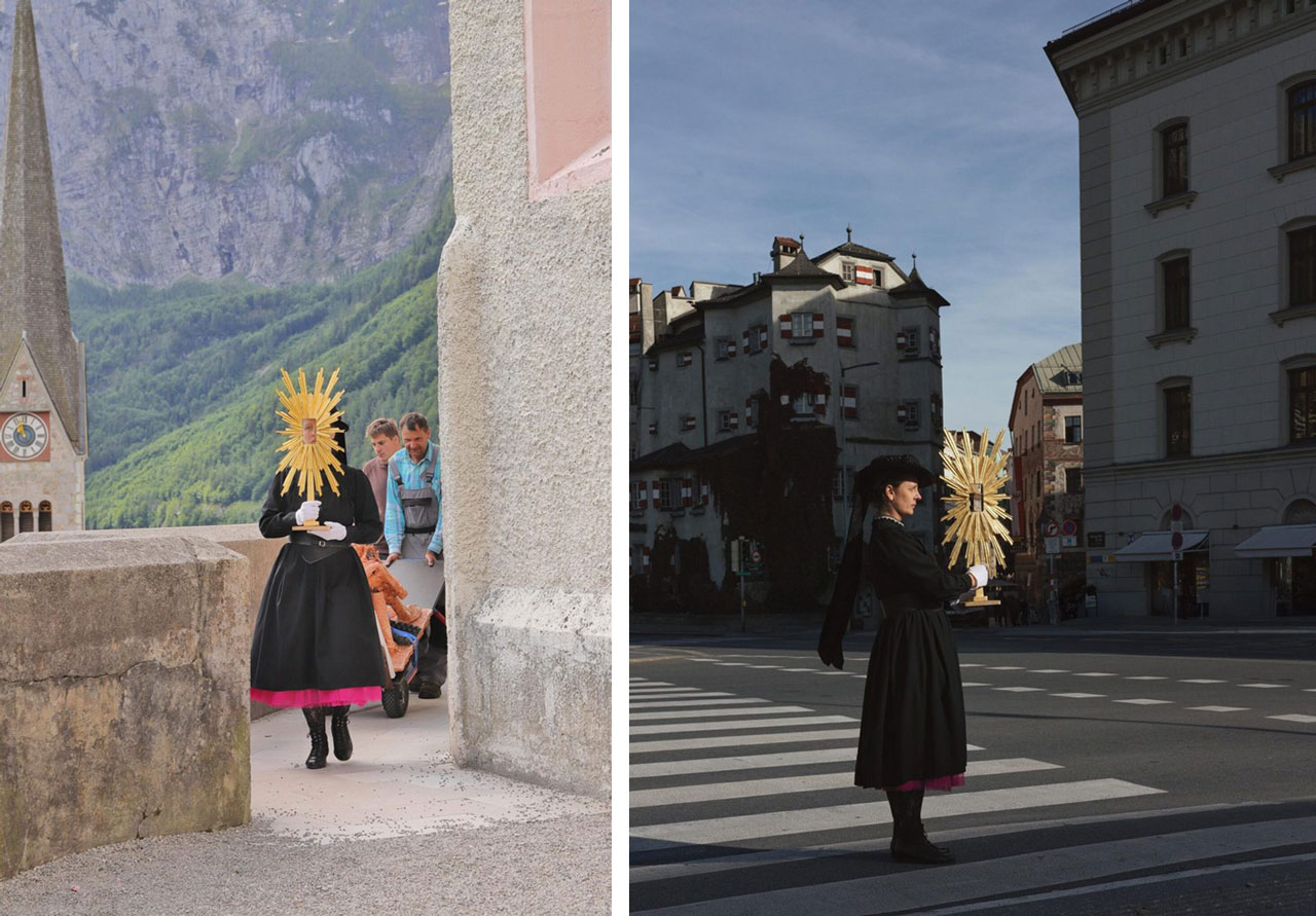 Left & Right: Rosmarie Lukasser, Bergfee Aktion: Prozession durch Hallstadt, 2024, digital print, 49.5 x 37 cm, © Rosmarie Lukasser, Courtesy the artist and Galerie Krinzinger