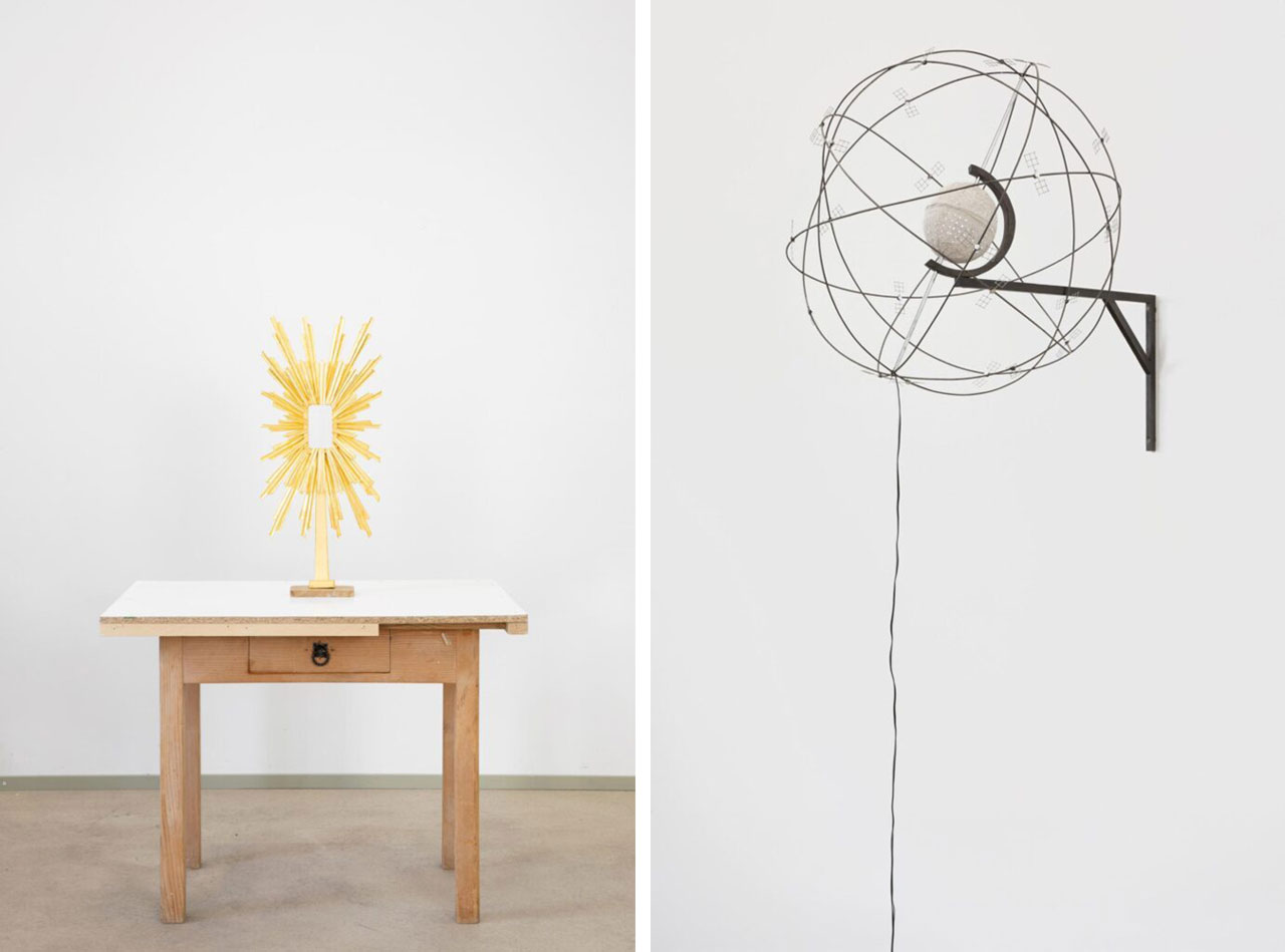 Left: Rosmarie Lukasser, Anmeldung , 2020 Lockdown_1, limewood handgeschnitzt, gold leaf, oil-gilding, wooden table , 74 x 31 x 12 cm, © Rosmarie Lukasser, Courtesy the artist and Galerie Krinzinger Right: Rosmarie Lukasser, NAVSTAR_Globus 02, 2021, plaster, wood, graphite, light, ⌀ 72 cm, © Rosmarie Lukasser, Courtesy the artist and Galerie Krinzinger