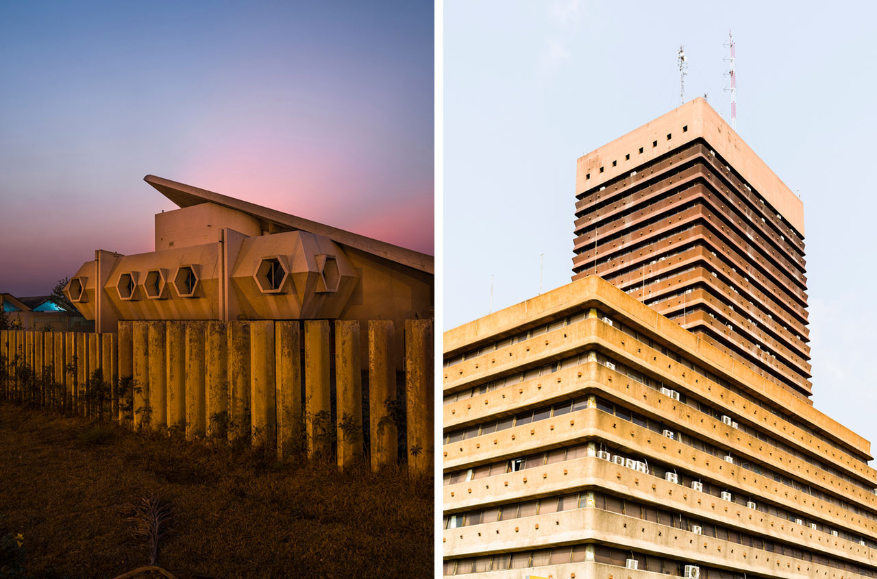 Left: Lycée Mamie Adjoua auditorium, Yamoussoukro, Côte d’Ivoire. Completed c. 1978. Jean Léon (1937–2002). 2025. Photograph: François-Xavier Gbré Right: Alpha 2000 (Société Ivoirienne de Banque), Abidjan, Côte d’Ivoire. 1974–76. Bureaux d’Études Henri Chomette (est. 1948). 2025. Photograph: François-Xavier Gbré