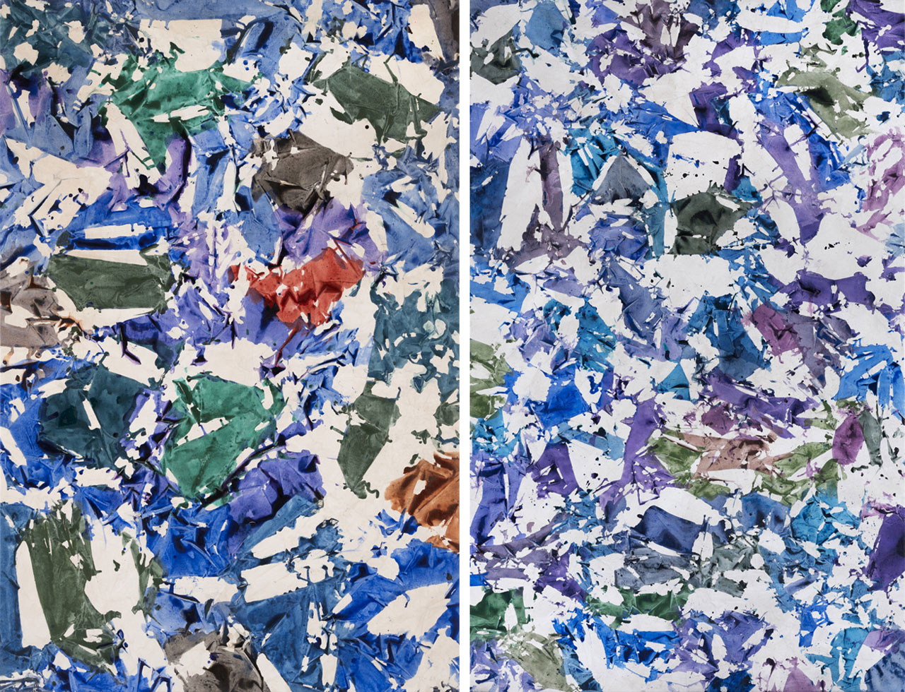 Left: Simon Hantaï, Sans titre (Untitled), 1983, Acrylic on canvas, 52 3/4 x 35 1/8 inches (134 x 89 cm), © Archives Simon Hantaï/Adagp, Paris, 2026, Photo: David Bordes, Courtesy Archives Simon Hantaï and Gagosian Right: Simon Hantaï, Sans titre (Untitled), 1983, Acrylic on canvas, 93 3/8 x 58 1/8 inches (237 x 147.5 cm), © Archives Simon Hantaï/Adagp, Paris, 2026, Photo: David Bordes, Courtesy Archives Simon Hantaï and Gagosian