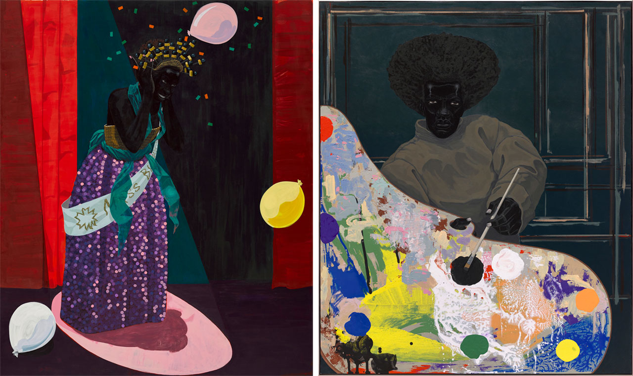 Left: Kerry James Marshall, Untitled (Beauty Queen), 2014 Acrylic and glitter on PVC panel, 182.2 x 152 cm Defares Collection, © Kerry James Marshall. Courtesy of the artist and David Zwirner, London. Photo: Jack Hems Right: Kerry James Marshall, Untitled (Painter), 2008 Acrylic on PVC panel, 184.8 × 155.6 cm, Harvard Art Museums/Fogg Museum, Cambridge, MA. Richard Norton Memorial Fund and purchase through the generosity of Nancy B. Tieken © Kerry James Marshall. Courtesy of the artist and David Zwirner, London. Photo: Anne Arca