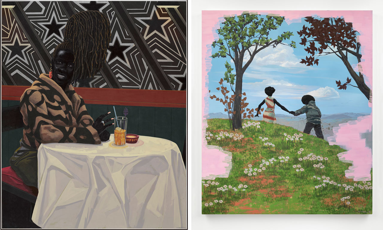 Left: Kerry James Marshall, The Club, 2011–12 Acrylic on PVC panel, 149.2 × 121.9 cm, Hudgins Family, © Kerry James Marshall. Courtesy of the artist and David Zwirner, London. Photo: Jack Hems Right: Kerry James Marshall, Vignette #13, 2008 Acrylic on PVC panel, 182.9 × 152.4 cm, Susan Manilow Collection, © Kerry James Marshall. Image courtesy of the artist and Jack Shainman Gallery, New York