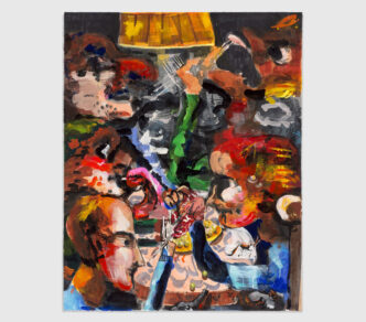 Dana Schutz, Eaters, 2026, Aquarell-Monotypie mit handschriftlichen Ergänzungen in Gouache und Kreide auf Lanaquarelle-Papier, 126,7 x 101 cm, Courtesy the artist, Two Palms, Contemporary Fine Arts, Berlin - Basel, and David Zwirner, Photo: Stephen Arnold