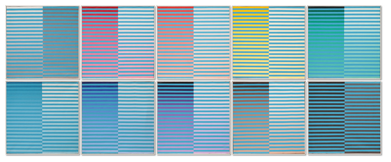 Dadamaino, La ricerca del colore, 1966-68, acrylic on canvas, 40 x 40 cm - 15,74 x 15,74 in, reverse: each element is signed, dated and inscribed with its colours and details of the artist's address, Courtesy Tornabuoni Art