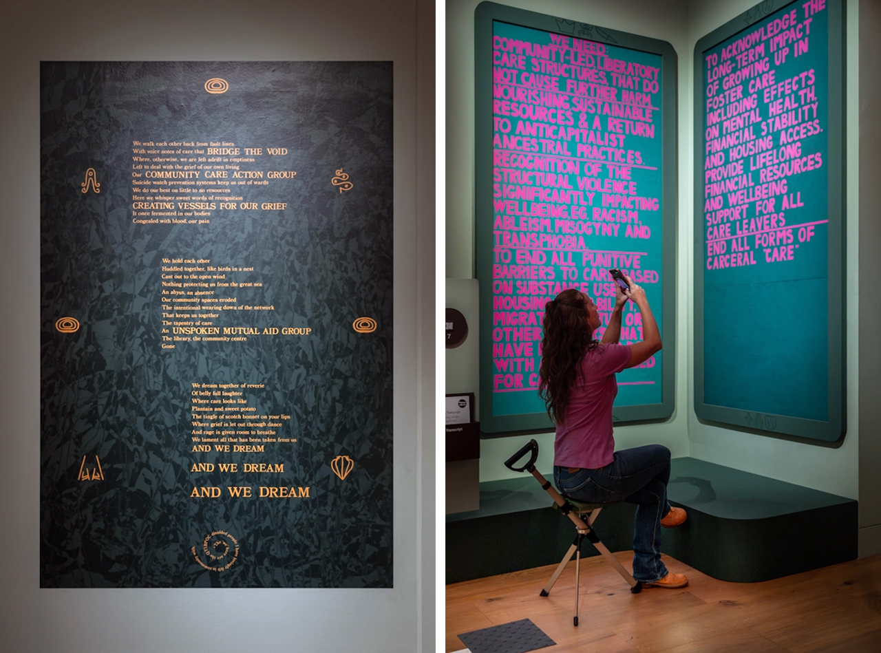 Left: Rudy Loewe, Intimacies of Care, 2026, Commissioned by Wellcome Collection. “Rudy Loewe: Intimacies of Care – Spaces of Grief and Possibility” exhibition at Wellcome Collection-London, 2026, © Rudy Loewe, Courtesy the artist and Wellcome Collection, Photo: Benjamin Gilbert Right: Rudy Loewe, List of Demands, 2025-26, Commissioned by Wellcome Collection. “Rudy Loewe: Intimacies of Care – Spaces of Grief and Possibility” exhibition at Wellcome Collection-London, 2026, © Rudy Loewe, Courtesy the artist and Wellcome Collection, Photo: Benjamin Gilbert