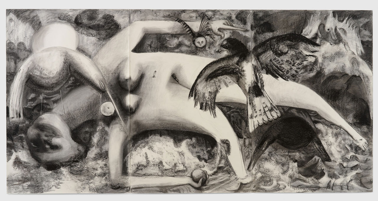Dana Schutz, Catcher, 2026, charcoal on paper, 274.3 × 548.6 cm. Courtesy of the artist, Contemporary Fine Arts, Berlin–Basel, and David Zwirner. Photo: Kerry McFate