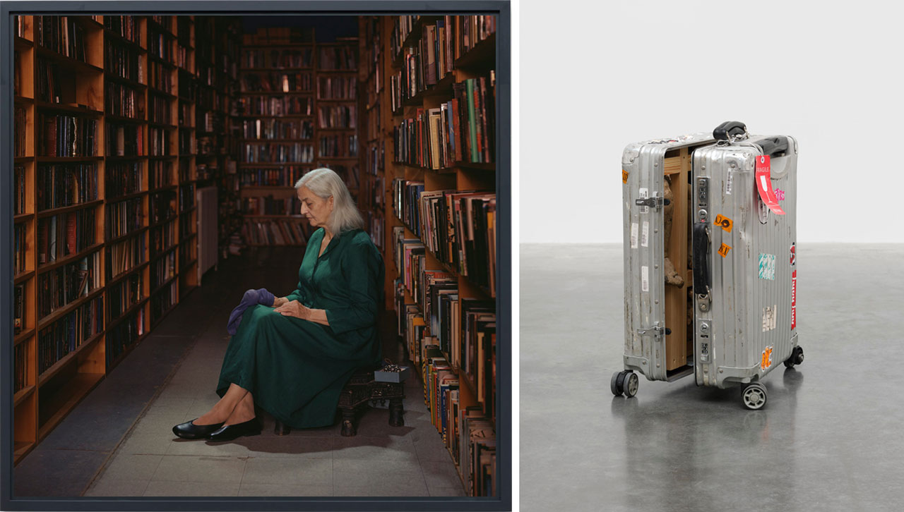 Left: Jeff Wall, Maquette for a monument to the contemplation of the possibility of mending a hole in a sock, 2023, Inkjet print, Edition of 4, 138 x 138 cm | 54 5/16 x 54 5/16 in., 145 x 144.5 x 5.8 cm | 57 1/16 x 56 7/8 x 2 5/16 in. (framed), © Jeff Wall, Courtesy the artist and White Cube Gallery Right: Danh Vo, Untitled, 2024, 17th-century French polychrome wood putto and Rimowa luggage, 57 x 23 x 39 cm | 22 7/16 x 9 1/16 x 15 3/8 in., © Danh Vo, Courtesy the artist and White Cube Gallery