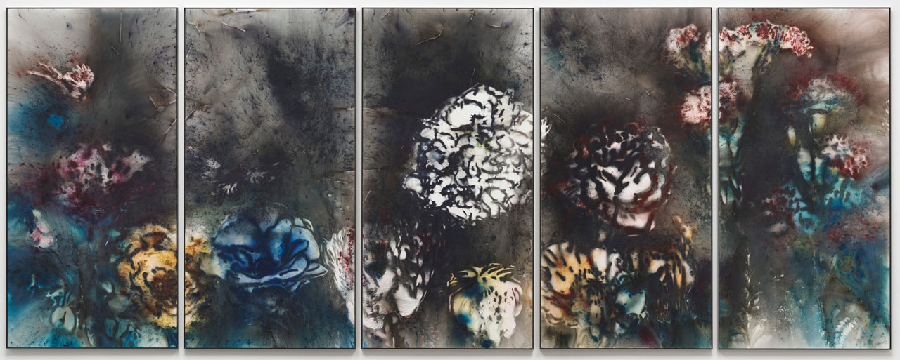 Cai Guo-Qiang, Heaven Complex No. 1 and No. 2, 2017, Gunpowder on canvas, 300 x 150 cm | 5 parts. Each: 118 1/8 x 59 1/16 in., 302 x 152 x 5 cm | 118 | 7/8 x 59 13/16 x 1 15/16 in. (framed), © Cai Guo-Qiang, Courtesy the artist and White Cube Gallery