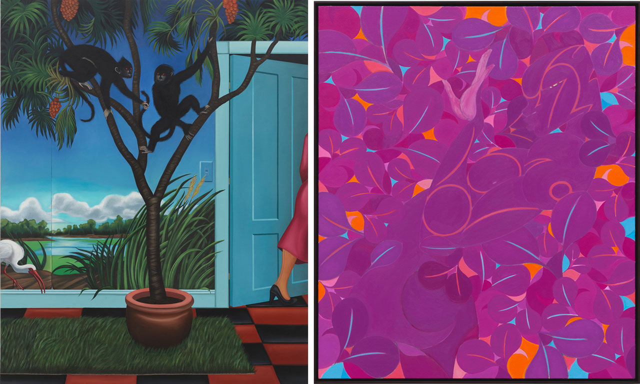 Left: Julie Curtiss, Shenanigans, 2025, Oil and acrylic on canvas, 121.9 x 152.4 cm | 48 x 60 in., © Julie Curtiss, Courtesy the artist and White Cube Gallery Right: Tunji Adeniyi-Jones, Violet Sentinel, 2026, Oil on canvas, 101.60 x 86.36 x 3.81 cm | 40 x 34 x 1 1/2 in., 104.3 x 89.1 x 6.6 cm | 41 x 35 x 2 1/2 in. (framed), © Tunji Adeniyi-Jones, Courtesy the artist and White Cube Gallery