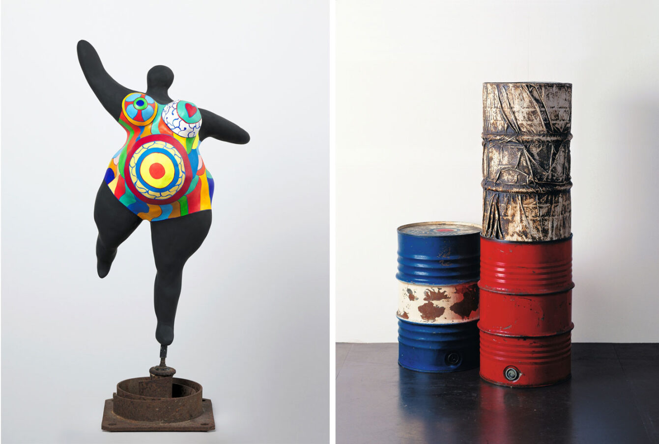 Left: Niki de Saint Phalle, Schwarze schwangere Nana, 1968, Kunsthalle Mannheim © Niki Charitable Art Foundation/ VG Bild-Kunst, Bonn 2026, Foto: Kunsthalle Mannheim/ Rainer Diehl Right: Christo drei Ölfässer, 1958, Lehmbruck Museum Duisburg, VG Bild-Kunst, Bonn 2026, Foto: Wolfgang Volz (Christo)