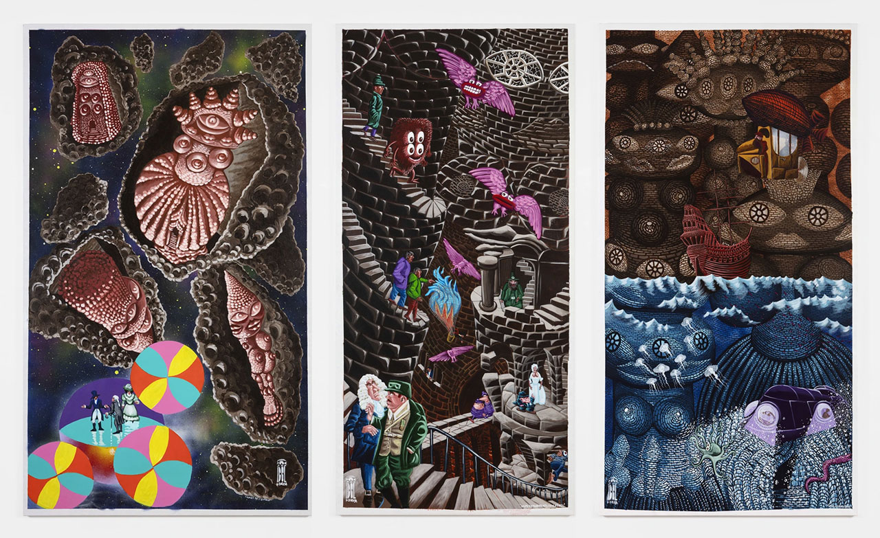 Left: Hervé Di Rosa, irosa idoles de lespace, © Hervé Di Rosa, Courtesy the artist and Galerie Templon Center : Hervé Di Rosa, dirosa visite de monuments idolatres, © Hervé Di Rosa, Courtesy the artist and Galerie Templon Right: Hervé Di Rosa, dirosa idol island tour, © Hervé Di Rosa, Courtesy the artist and Galerie Templon