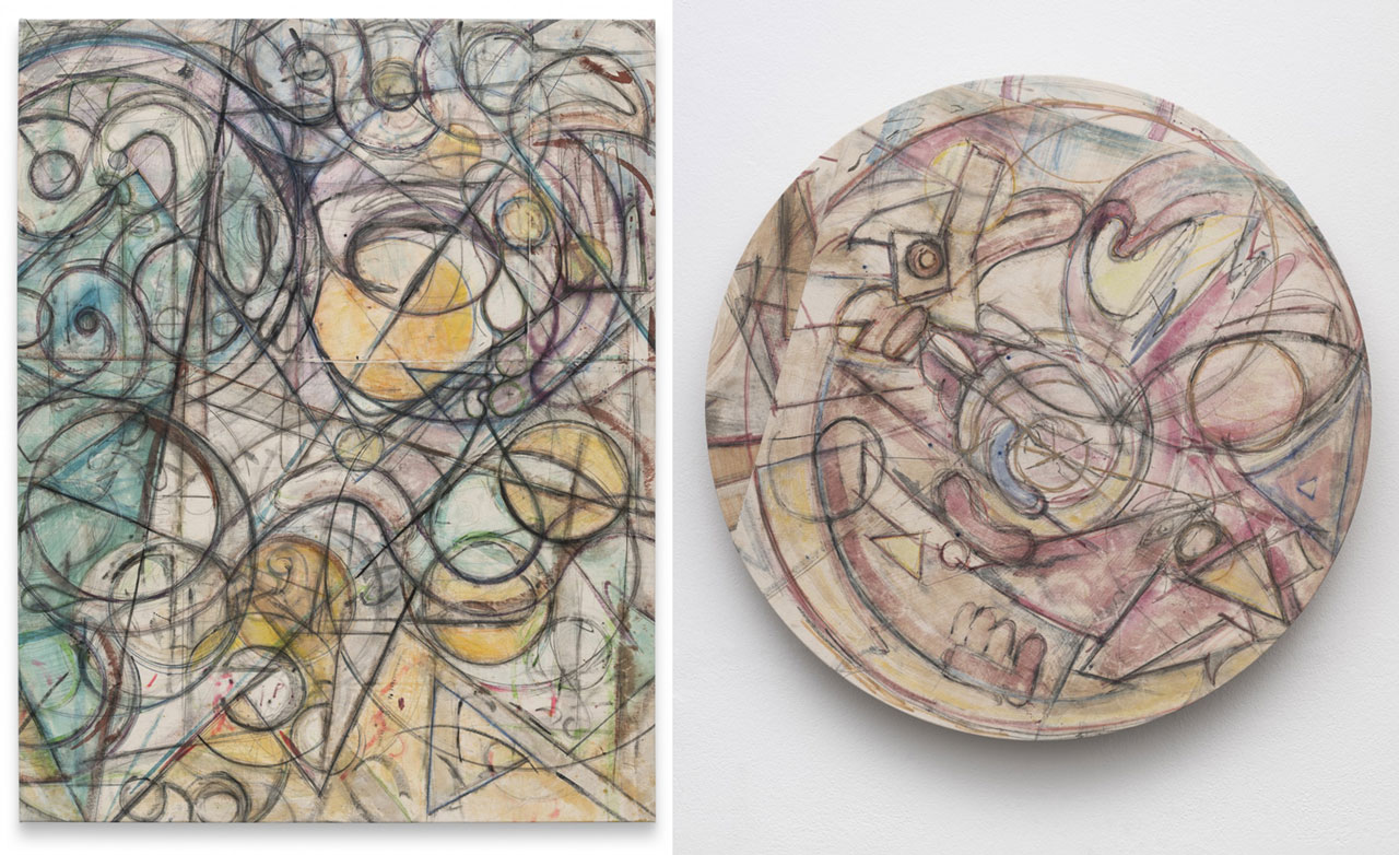 Left: J. Parker Valentine, Untitled (Creep),2026, graphite, ink, water soluble colored pencil, water soluble pastel, marker, beet juice, 195 x 154 cm, © J. Parker Valentine, Courtesy the artist and Galerie Max Mayer Right: J. Parker Valentine, Untitled Wheel, 2026, graphite, ink, water soluble colored pencil, water soluble pastel, marker, beet juice, 124.5 cm diameter, © J. Parker Valentine, Courtesy the artist and Galerie Max Mayer