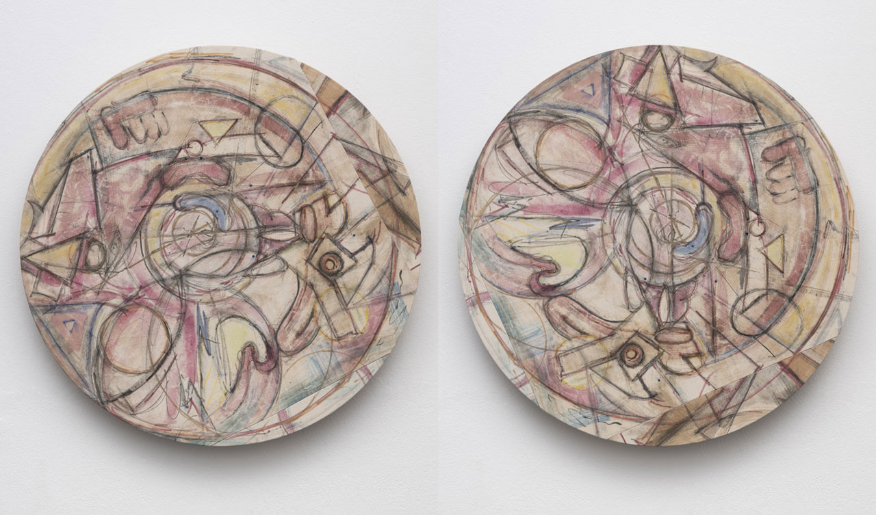 Left & Right: J. Parker Valentine, Untitled Wheel, 2026, graphite, ink, water soluble colored pencil, water soluble pastel, marker, beet juice, 124.5 cm diameter, © J. Parker Valentine, Courtesy the artist and Galerie Max Mayer