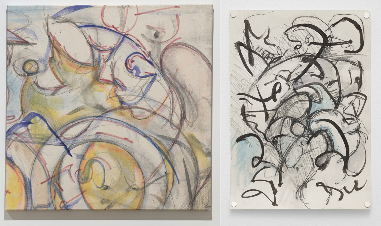 Left: J. Parker Valentine, Untitled with Profile, 2026, graphite, ink, water soluble colored pencil, water soluble pastel, marker, 84 x 84 cm. Photo by Simon Vogel, © J. Parker Valentine, Courtesy the artist and Galerie Max Mayer Right: J. Parker Valentine, Untitled, 2026, graphite, ink, milk paint, 41.5 x 29.5 cm, © J. Parker Valentine, Courtesy the artist and Galerie Max Mayer