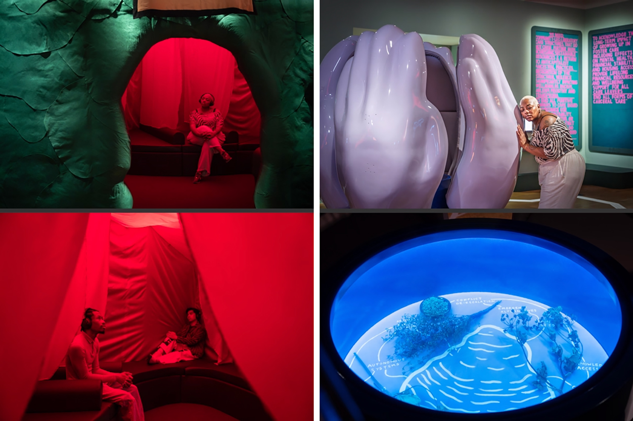Left: Rudy Loewe, The Space Within’, 2026, Commissioned by Wellcome Collection. “Rudy Loewe: Intimacies of Care – Spaces of Grief and Possibility” exhibition at Wellcome Collection-London, 2026, © Rudy Loewe, Courtesy the artist and Wellcome Collection, Photo: Benjamin Gilbert Right: Rudy Loewe Activation Sculpture, 2026, Commissioned by Wellcome Collection. “Rudy Loewe: Intimacies of Care – Spaces of Grief and Possibility” exhibition at Wellcome Collection-London, 2026, © Rudy Loewe, Courtesy the artist and Wellcome Collection, Photo: Benjamin Gilbert