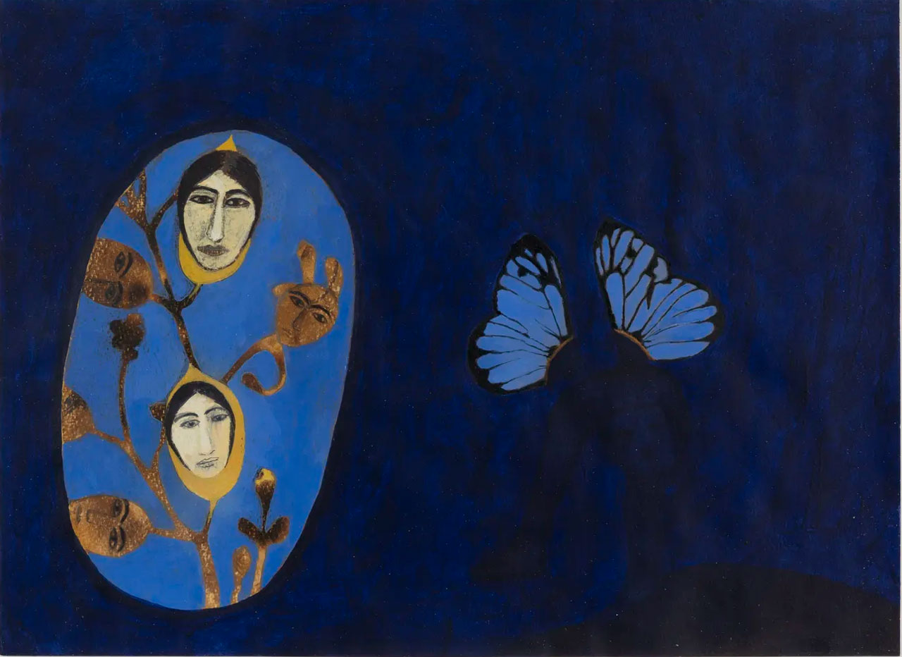 Samira Abbassy, The Beating of her Wings, 2021m Acrylic and gouache on watercolour paper, 28 x 38 cm / 11 x 15 in, Framed: 43 x 51.5 x 4.5 cm, © Samira Abbassy, Courtesy the artis and Richard Saltoun Gallery