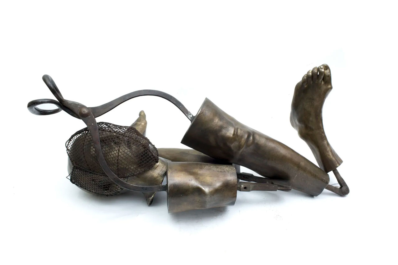 Sara Rahbar, The Victor / Confessions series / (legs), 2014, White bronze with collected object, Legs: 124.5 x 40.5 x 23 cm | 49 x 16 x 9 in, Head: 33 x 33 x 15 cm | 13 x 13 x 6 in, © Sara Rahbar, Courtesy the artis and Richard Saltoun Gallery