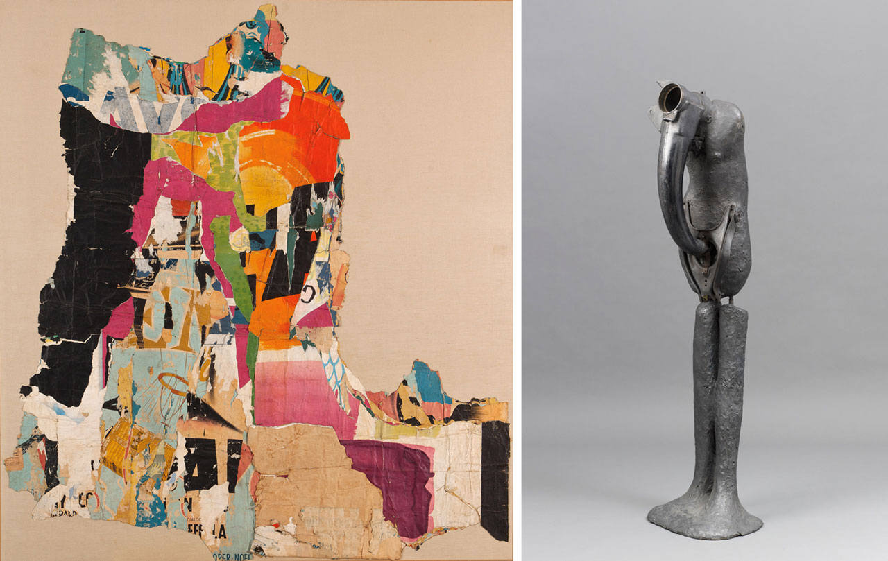 Left: Raymond Hains, Affiches lacérées (Plakatabrisse), 1957, Leihgabe der Gemeinnützigen Ausstellungs-GmbH Mannheim seit 1998, VG Bild-Kunst, Bonn 2026, Foto: Kunsthalle Mannheim/ Cem Yücetas Right: Alina Szapocznikow, Człowiek z intrumentem, 1965, © ADAGP, Paris. Courtesy The Estate of Alina Szapocznikow | Galerie Loevenbruck, Paris | Hauser & Wirth, VG Bild-Kunst, Bonn 2026, Foto: Fabrice Gousset