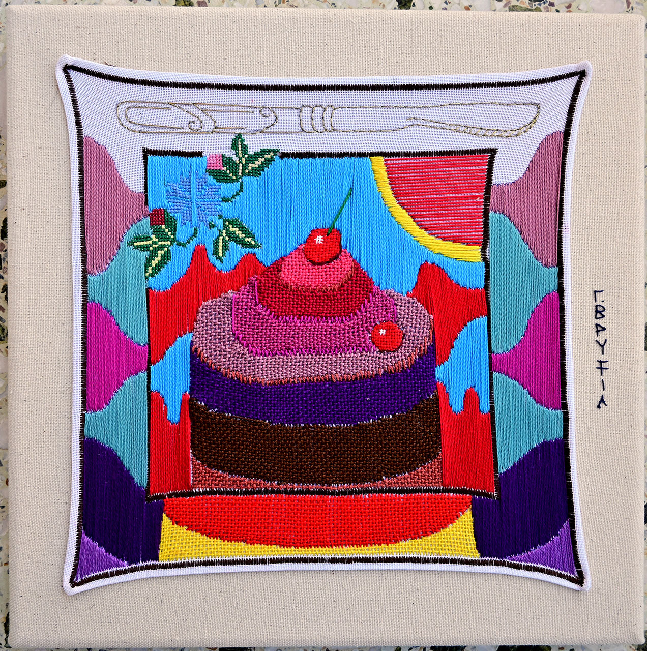 Grigoria Vryttia, Dissecting Sweetness I, 2025, Embroidery on doily and calico fabric, 30x30 cm
