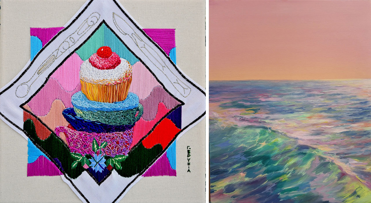 Left: Grigoria Vryttia, Dissecting Sweetness II, 2025, Embroidery on doily and cotton canvas, 30 × 30 cm Right: Eva Geraki, Future Waves, 2026, Oil on canvas, 40 × 50 cm