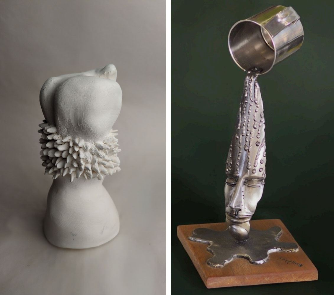 Left: Aggeliki Germakopoulou, Hydnellum floriforme, 2017, Clay, 15x7x7 cm Right: Vangelis Karamanlis, The Shape of Water, 2026, Metal, 36.5x22x15.5 cm