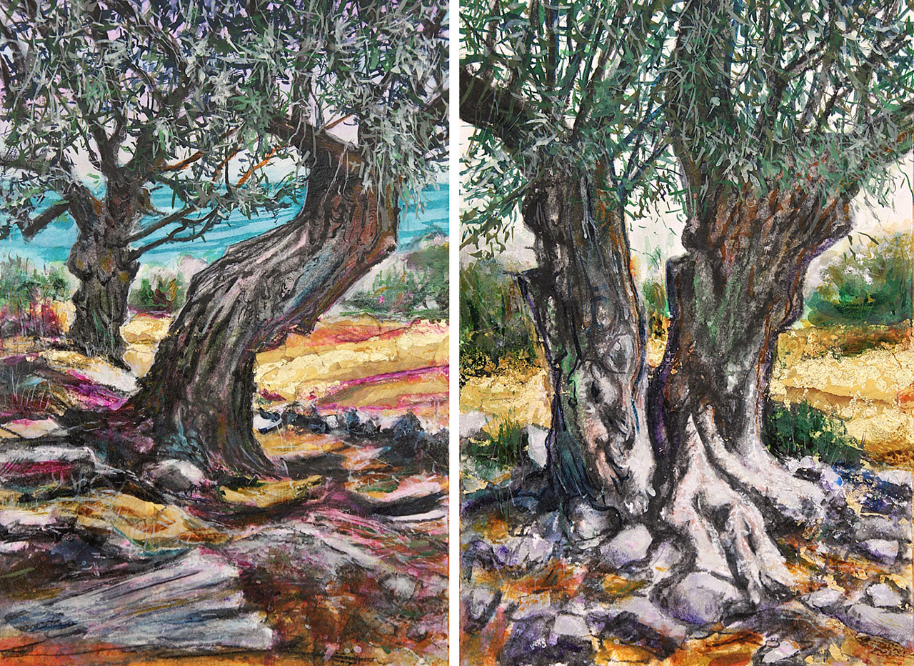 Left & Right: Evangellos Kalogeropoulos, Olive Trees, 2026, Mixed media on 425 gsm paper (charcoal, watercolor, gouache, gold leaf), 30 × 40 cm