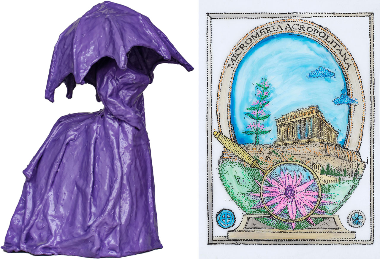Left: Anna Papadopoulou, A Sunday in the Country, 2021-22, Processed fabric on styrofoam and paint with varnish, 8x12x20 cm Right: Alexandros Maganiotis, Acromeria Acropolitana, 2026, Fine art print on paper, Edition of 25, 42x30 cm