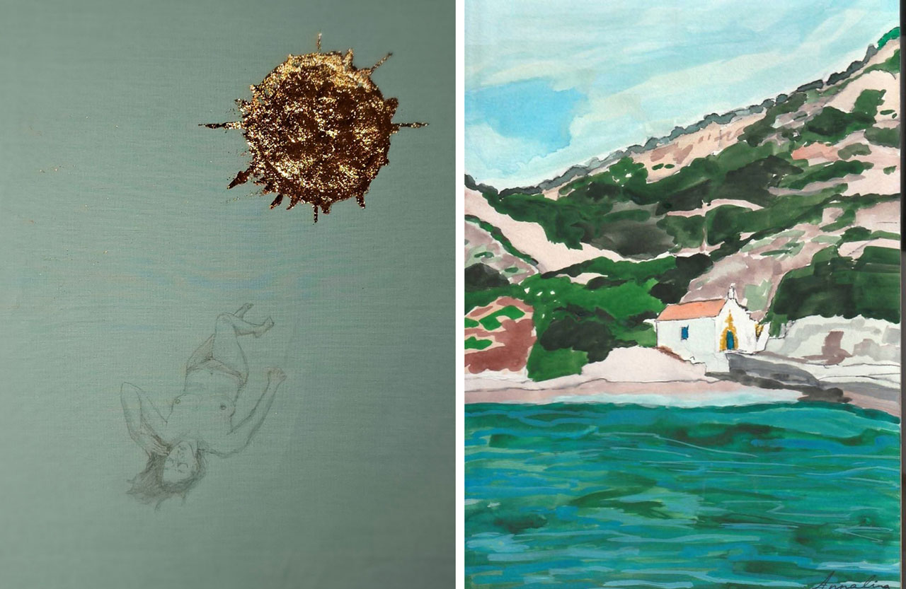 Left: Dimitra Tziomaka, "Sunbathing", 2026, Graphite and synthetic gold leaves on cotton cloth, 30x40 cm Right: Annalina Fotopoulou, Once in a dream I, Watercolor, 29x21 cm