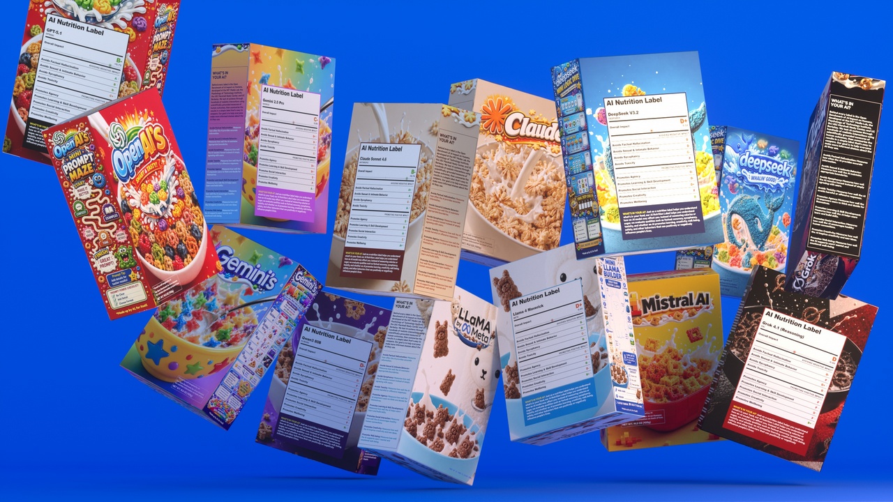 Fictive Cereal Boxes that image the AI Nutrition Labels from ImpactBench. Part of an installation presented in Islands in the Net. Image Courtesy of Pat Pataranutaporn, Rachel Poonsiriwong and Chayapatr (Pub) Archiwaranguprok and Ryan Ho