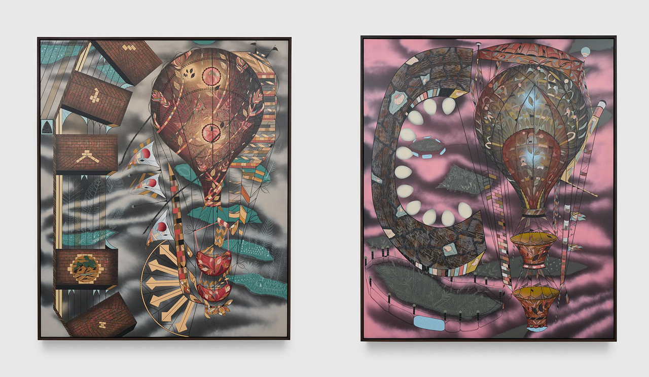 Left: Lari Pittman, The Remedy of Analog Space & Time, 2025, Acrylic and spray paint on gessoed canvas on wood panel, 96 x 80 inches (243.8 x 203.2 cm), Framed: 98 x 82 1/8 inches (248.9 x 208.6 cm), Signed and dated verso, © Lari Pittman, courtesy the artist and David Zwirner Gallery Right: Lari Pittman, The Remedy of Analog Space & Time, 2025, Acrylic and spray paint on gessoed canvas on wood panel, 96 x 80 inches (243.8 x 203.2 cm), Framed: 98 x 82 1/8 inches (248.9 x 208.6 cm), Signed and dated verso, © Lari Pittman, courtesy the artist and David Zwirner Gallery