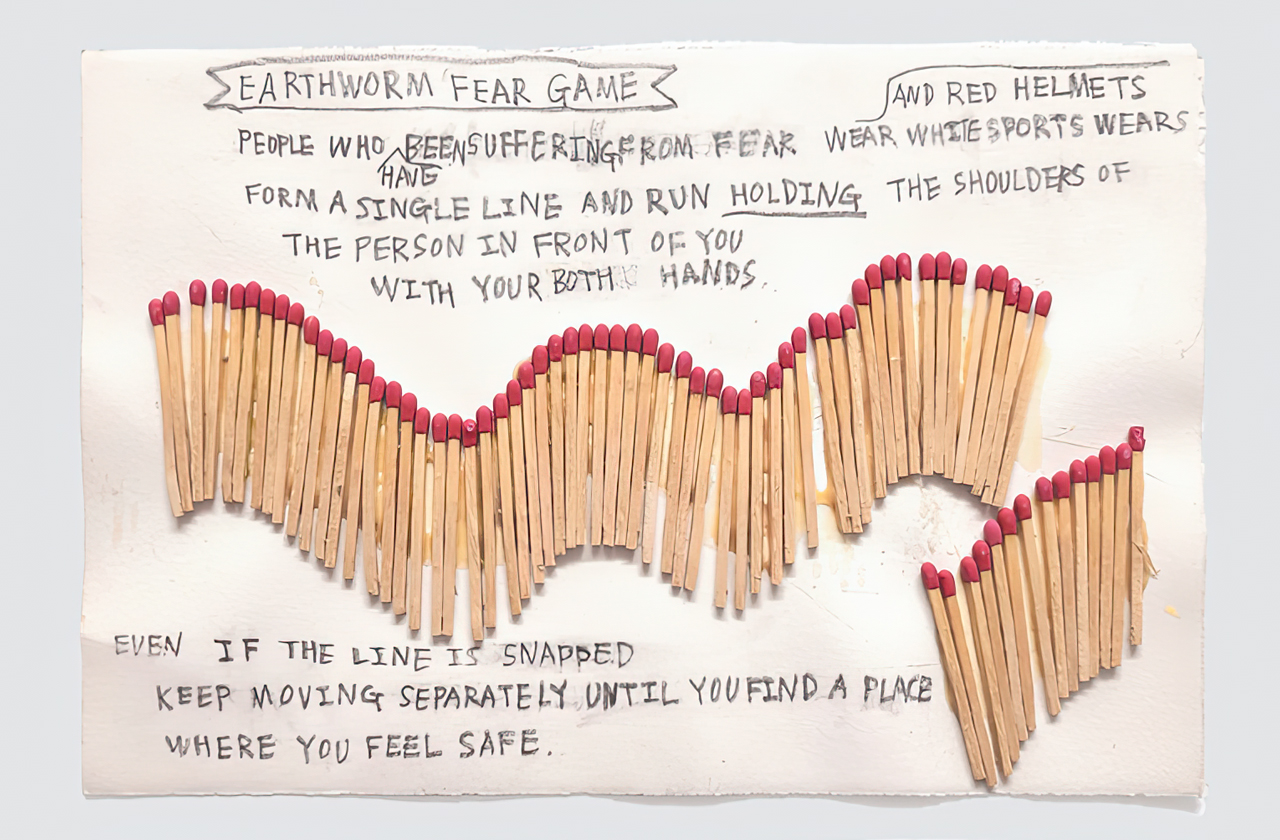 Kim Beom, Earthworm Fear Game, 1994, Pencil and matchstick on paper, 18.5 x 26.5 cm. Artist Collection, Courtesy of the Artist.