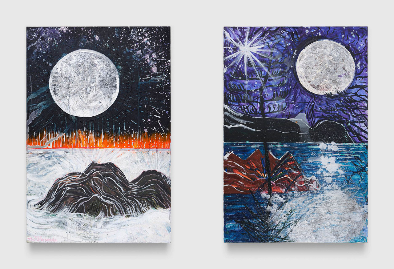 Left: Thomas Houseago, Sunrise over Lechuza Beach, 2026,Acrylic, oil, and mixed media on canvas, 108 x 72 inches (274.3 x 182.9 cm), Signed and dated recto, © Thomas Houseago, courtesy the artist and David Zwirner Gallery Right: Thomas Houseago, Moonrise over Zuma, 2026,Acrylic, oil, and mixed media on canvas, 108 x 72 inches (274.3 x 182.9 cm), Signed and dated recto, © Thomas Houseago, courtesy the artist and David Zwirner Gallery