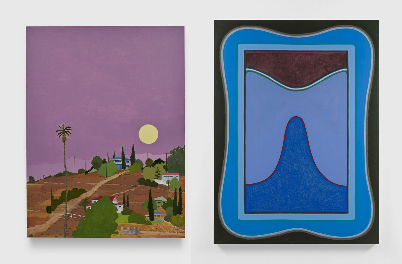 Left: Manuel López, Day is Done, Sinks the Sun (Otsungna), 2026, Acrylic on canvas, 40 x 30 inches (101.6 x 76.2 cm), Signed and dated verso, © Manuel López , courtesy the artist and David Zwirner Gallery Right: Lily Stockman, Baxter Street, 2026, Oil on linen, 84 x 62 inches (213.4 x 157.5 cm), Signed, titled, dated, and inscribed verso, © Lily Stockman, courtesy the artist and David Zwirner Gallery