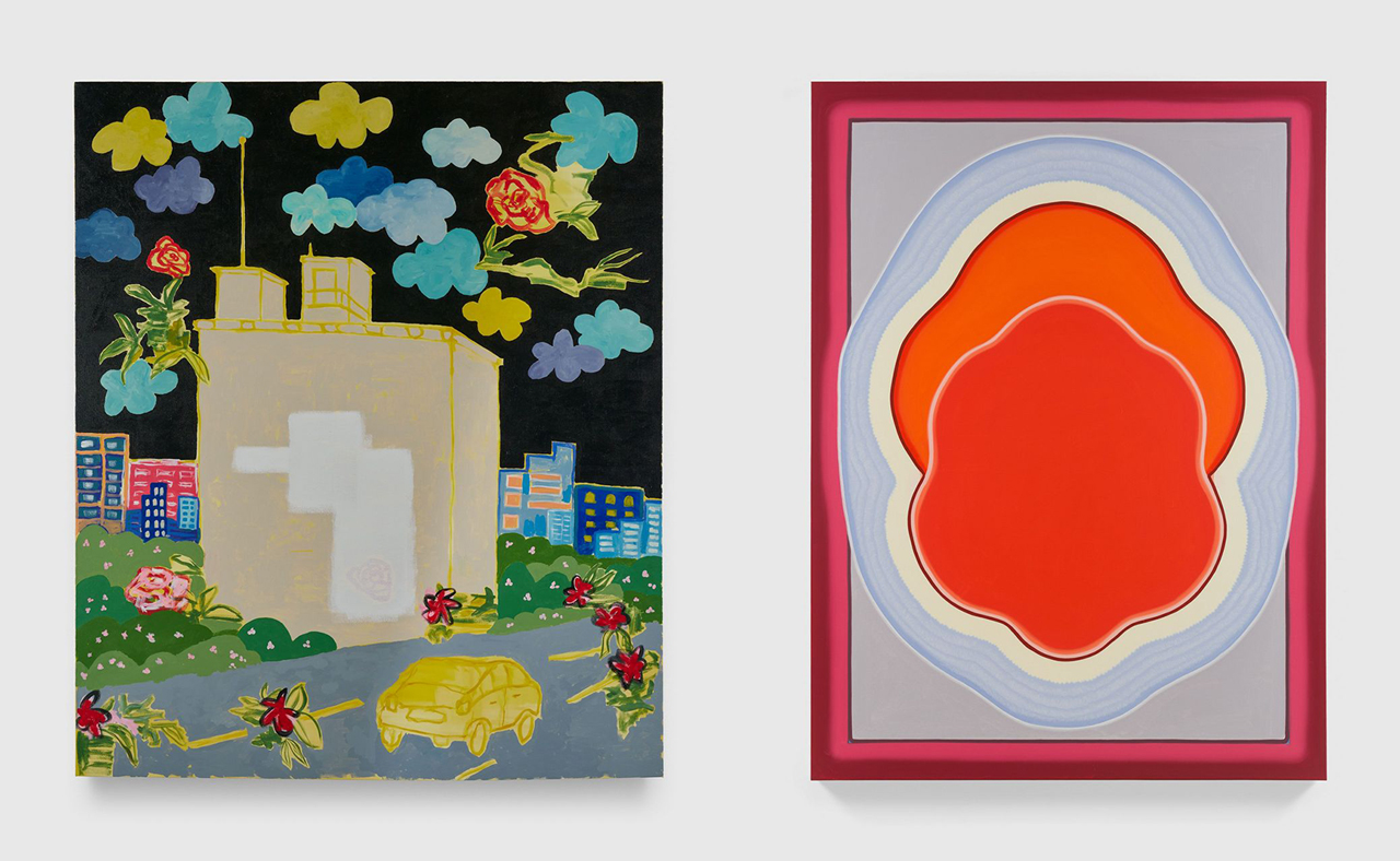 Left: EJ Hill, roses for Regency and buffed for good measure, 2026, Acrylic on canvas, 64 x 54 inches (162.6 x 137.2 cm), Signed, titled, and dated verso, © EJ Hill, courtesy the artist and David Zwirner Gallery Right: Lily Stockman, Angels Point, 2026, Oil on linen, 84 x 62 inches (213.4 x 157.5 cm), Signed, titled, dated, and inscribed verso, © Lily Stockman, courtesy the artist and David Zwirner Gallery