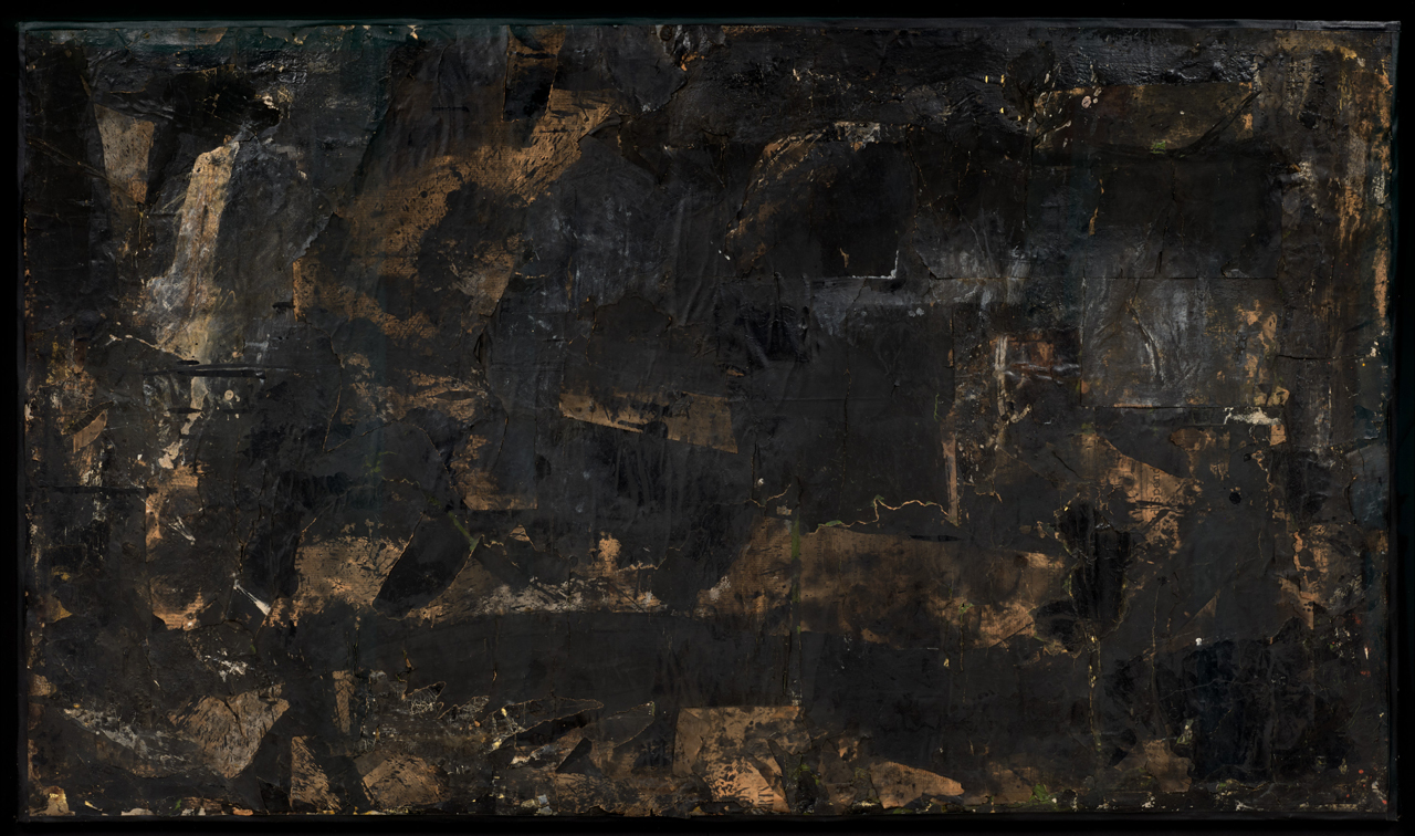 Robert Rauschenberg, Black Painting, c. 1952, Oil, newspaper, paper towel, and gravel on canvas, 35 3/4 x 61 3/4 inches (90.8 x 156.8 cm), © 2026 Robert Rauschenberg Foundation/Artists Rights Society (ARS), NY, Photo: Owen Conway, Courtesy Gagosian