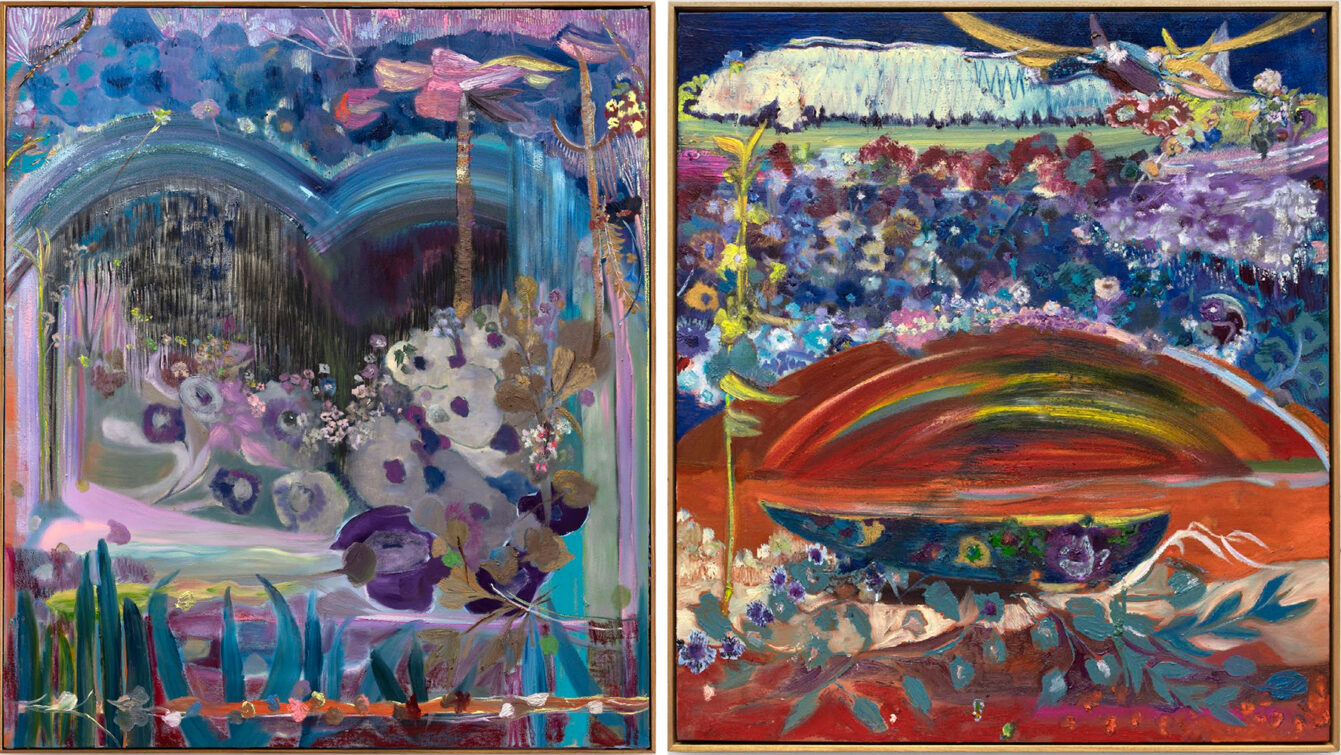 Left : Thalita Hamaoui, O lado oculto da lua, 2026, Oil and oil stick on linen, 59 x 51 1/8 inches, 150 x 130 cm, © Thalita Hamaoui, Courtesy the artist and Boesky Gallery Right: Thalita Hamaoui, Terras raras, 2026, Oil and oil stick on canvas, 35 3/8 x 31 1/2 inches, 90 x 80 cm, © Thalita Hamaoui, Courtesy the artist and Boesky Gallery