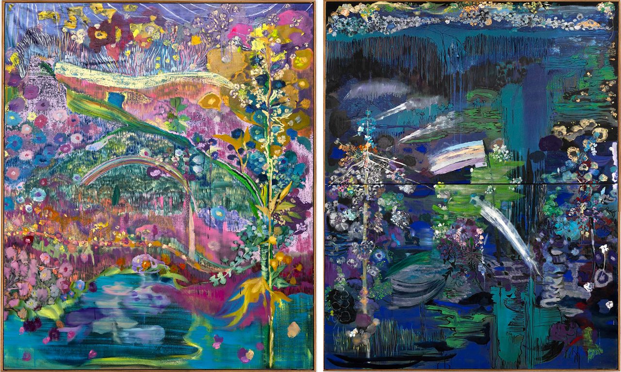 Left : Thalita Hamaoui, Horizonte inteiro, 2026, Oil and oil stick on linen, 84 5/8 x 72 7/8 inches, 215 x 185 cm, © Thalita Hamaoui, Courtesy the artist and Boesky Gallery Right: Thalita Hamaoui, Constelação memória, 2026, Oil, tempera, oil stick, and pigment on linen, Overall: 129 7/8 x 104 3/8 inches, 330 x 265 cm, Diptych, each: 65 x 104 3/8 inches, 165 x 265 cm, © Thalita Hamaoui, Courtesy the artist and Boesky Gallery